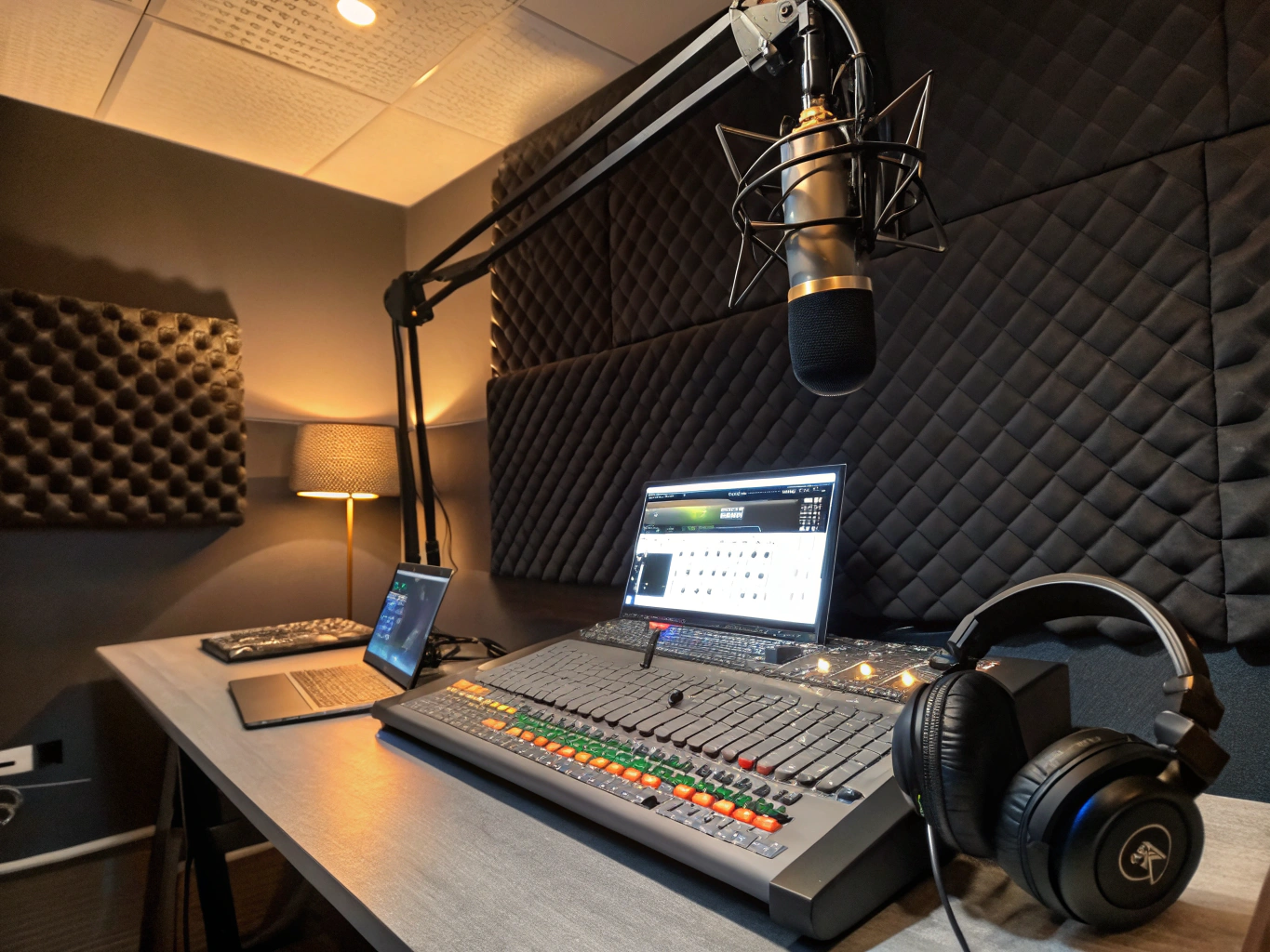 Radio broadcast studio with microphones and audio mixing equipment